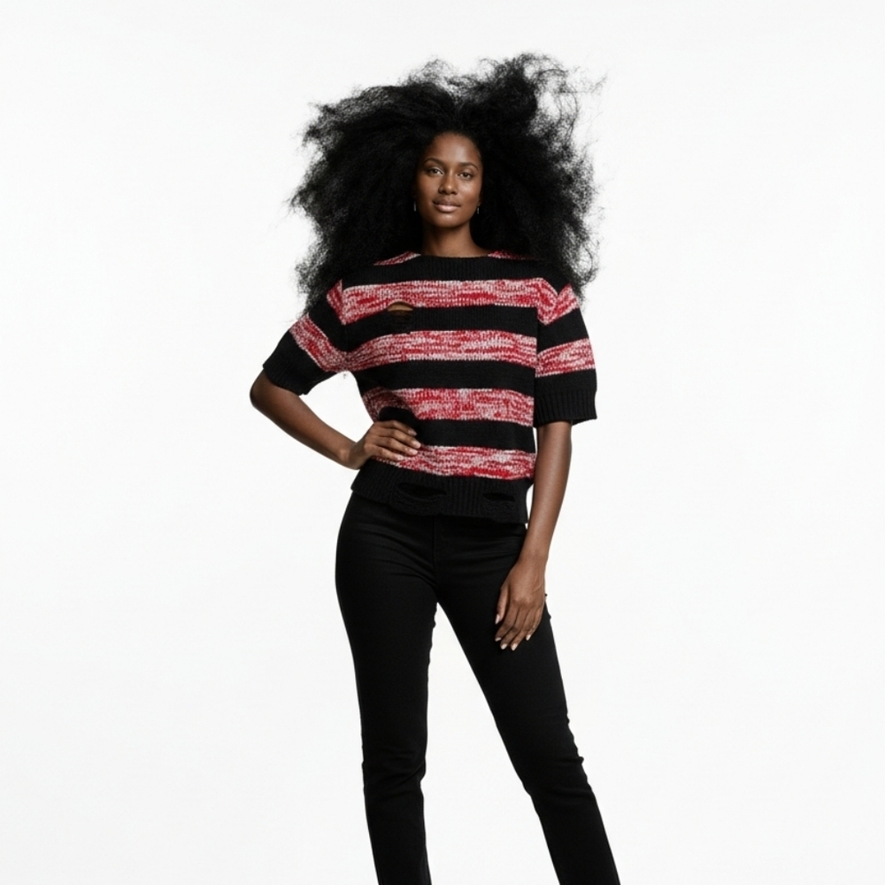 NWT POL Black and Red Striped Knit Distressed Top Size Small